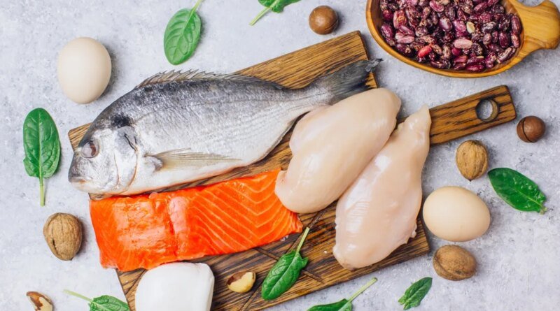 A variety of healthy protein sources and body-building foods.  Salmon, chicken breast, eggs, mozzarella cheese, beans, nuts, spinach, flax and chia seeds.  Top view.  bright background