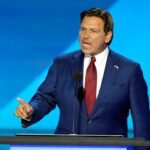 Florida Governor Ron DeSantis delivers remarks on the second day of the Republican National Convention at the Fiserv Forum.  The second day of the RNC focused on crime and border policy.