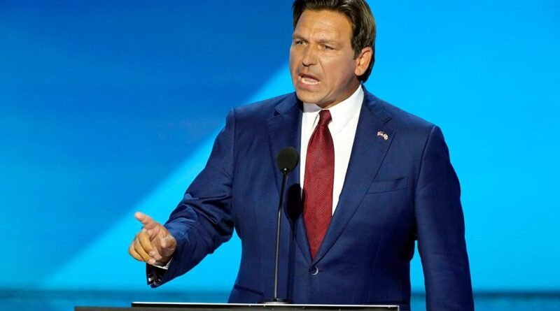 Florida Governor Ron DeSantis delivers remarks on the second day of the Republican National Convention at the Fiserv Forum.  The second day of the RNC focused on crime and border policy.