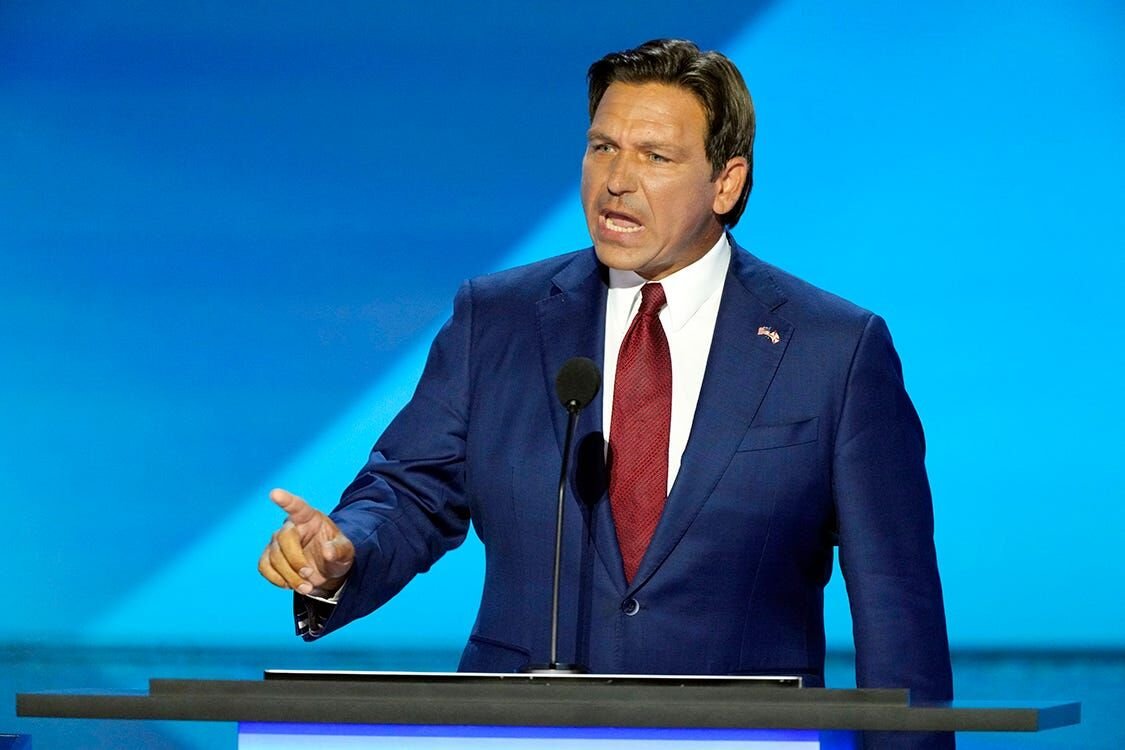 Florida Governor Ron DeSantis delivers remarks on the second day of the Republican National Convention at the Fiserv Forum.  The second day of the RNC focused on crime and border policy.